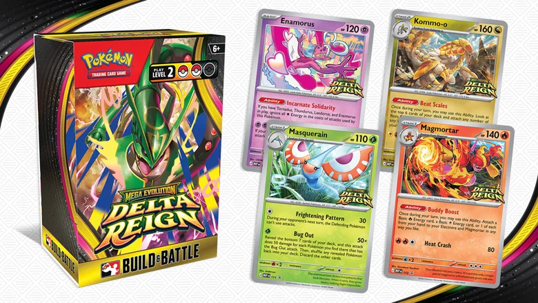 Caja Build & Battle de Delta Reign junto a las promos de Enamorus, Kommo-o, Masquerain y Magmortar