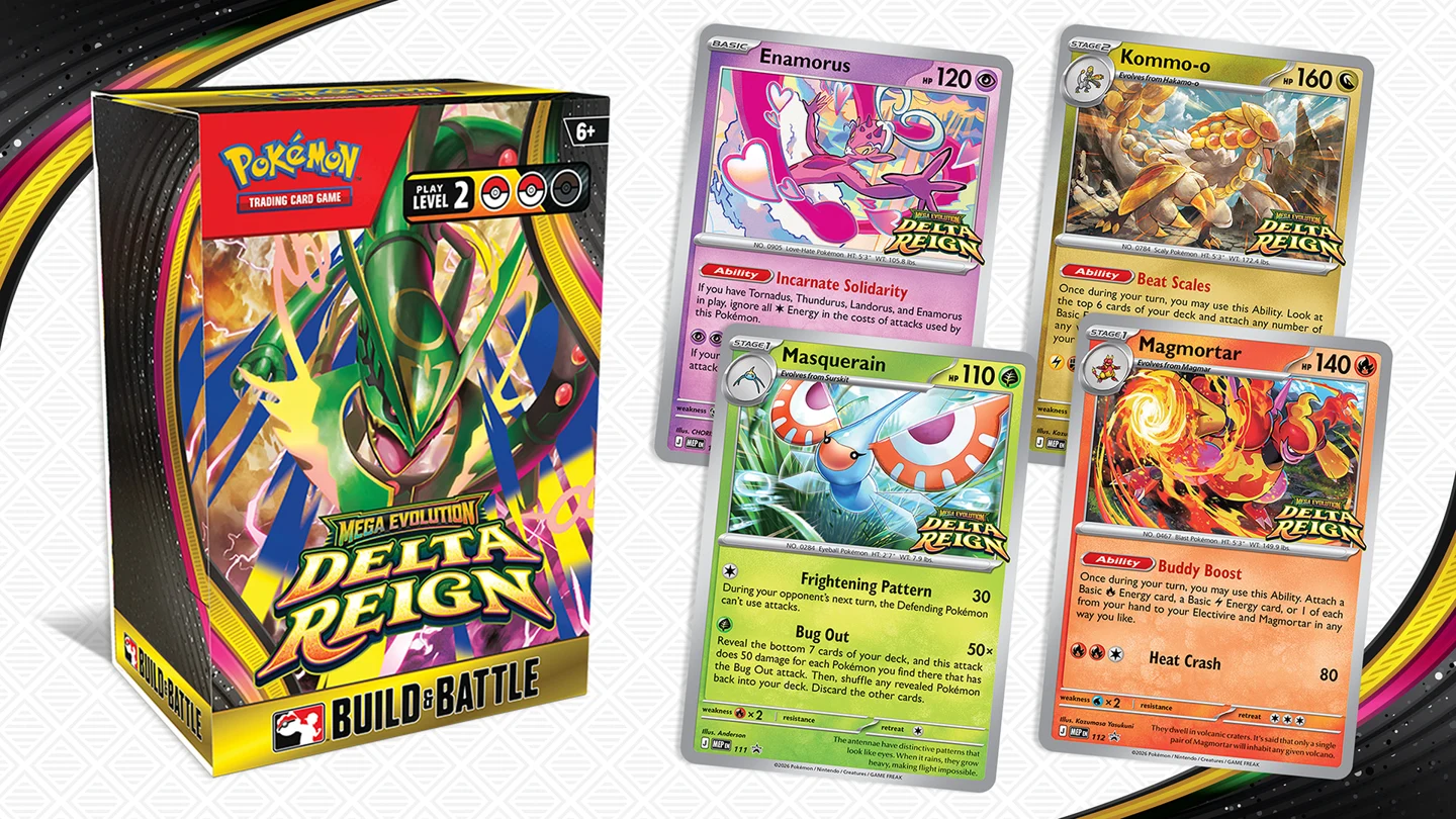 Caja Build & Battle de Delta Reign junto a las promos de Enamorus, Kommo-o, Masquerain y Magmortar