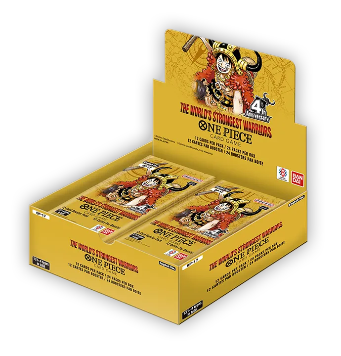 Caja de sobres de One Piece TCG OP-17 The World's Strongest Warriors, con el sello del 4.º aniversario