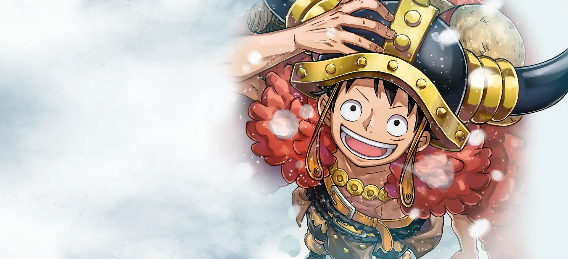 Arte oficial de Monkey D. Luffy vestido con ropajes de Elbaph para la expansión OP-17 The World's Strongest Warriors del One Piece Card Game