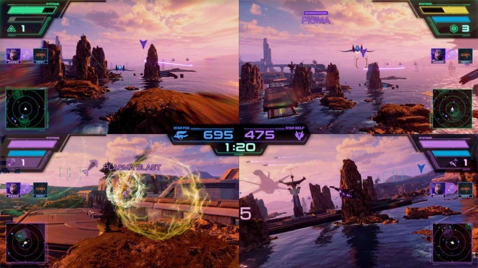 Captura oficial de Star Fox con cuatro jugadores en pantalla dividida y combates sobre un paisaje costero