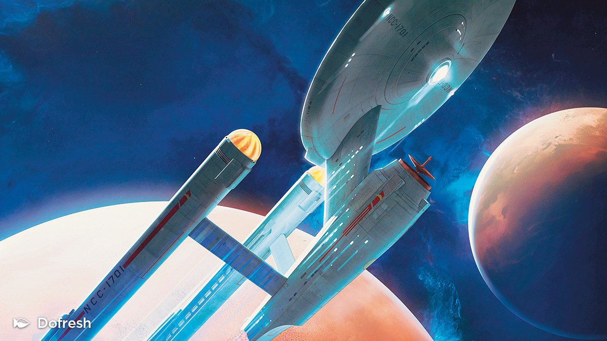 Ilustración alternativa retro del USS Enterprise NCC-1701, estilo cartel de cine de ciencia ficción clásico